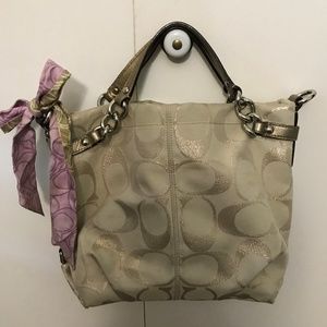 Gold and Beige Coach handbag with coach scarf